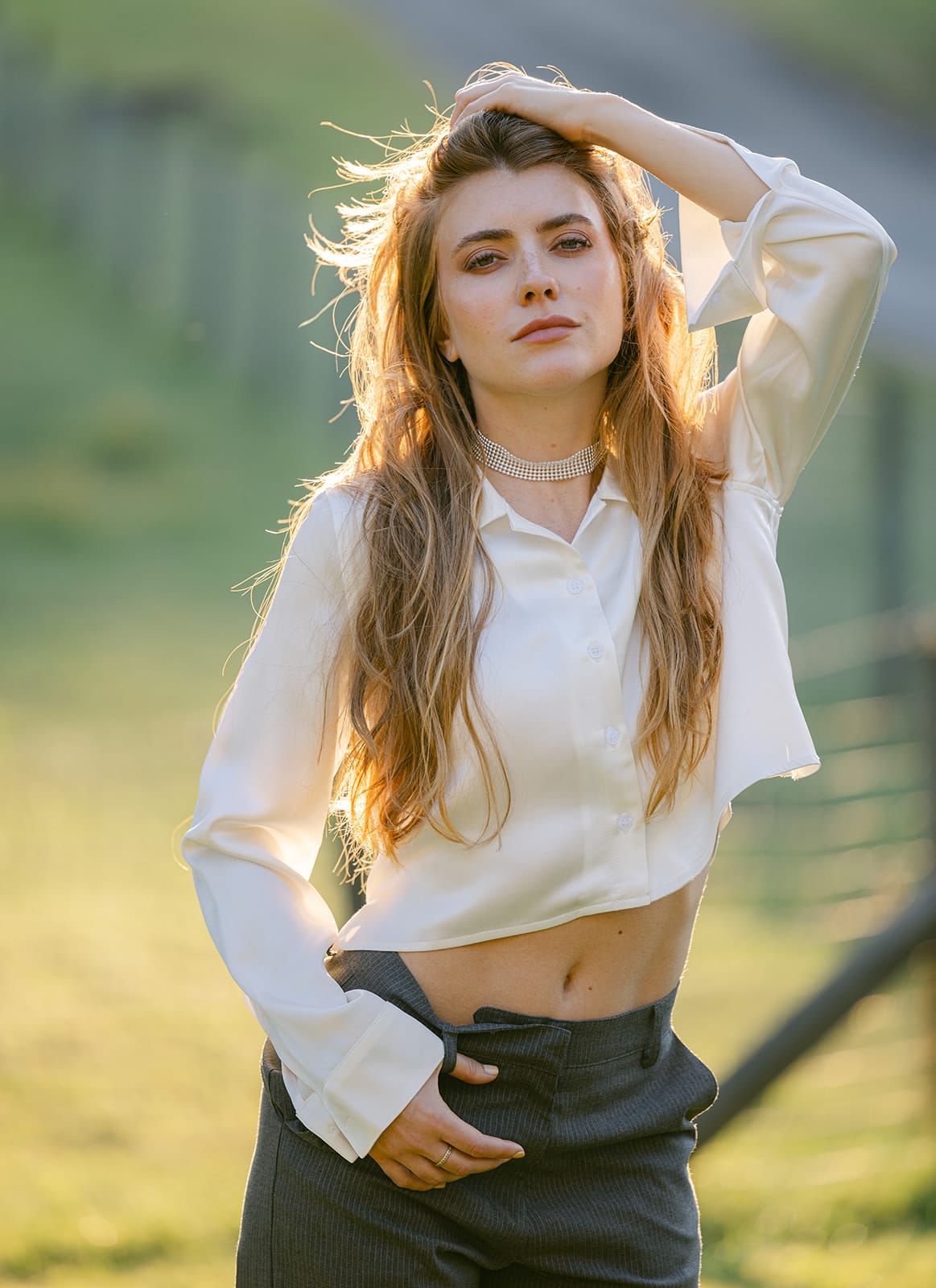 SYLC Designs Womens White Satin Cropped Button Down