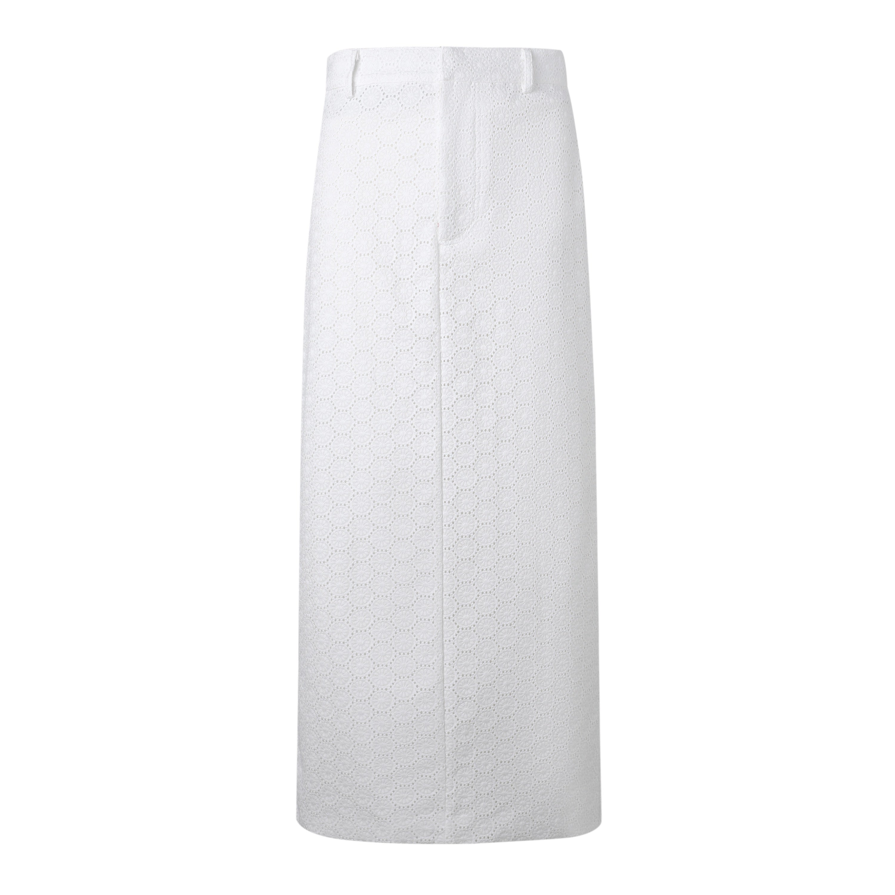 A white maxi skirt with eyelet detailing, featuring a high-waisted design.