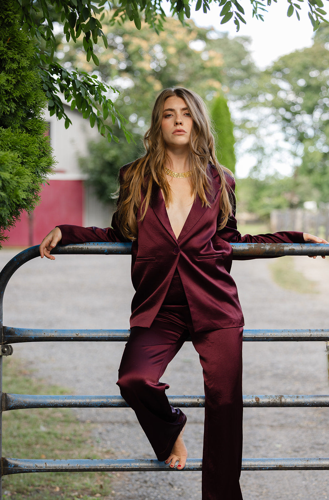 cabernet satin blazer pant suit