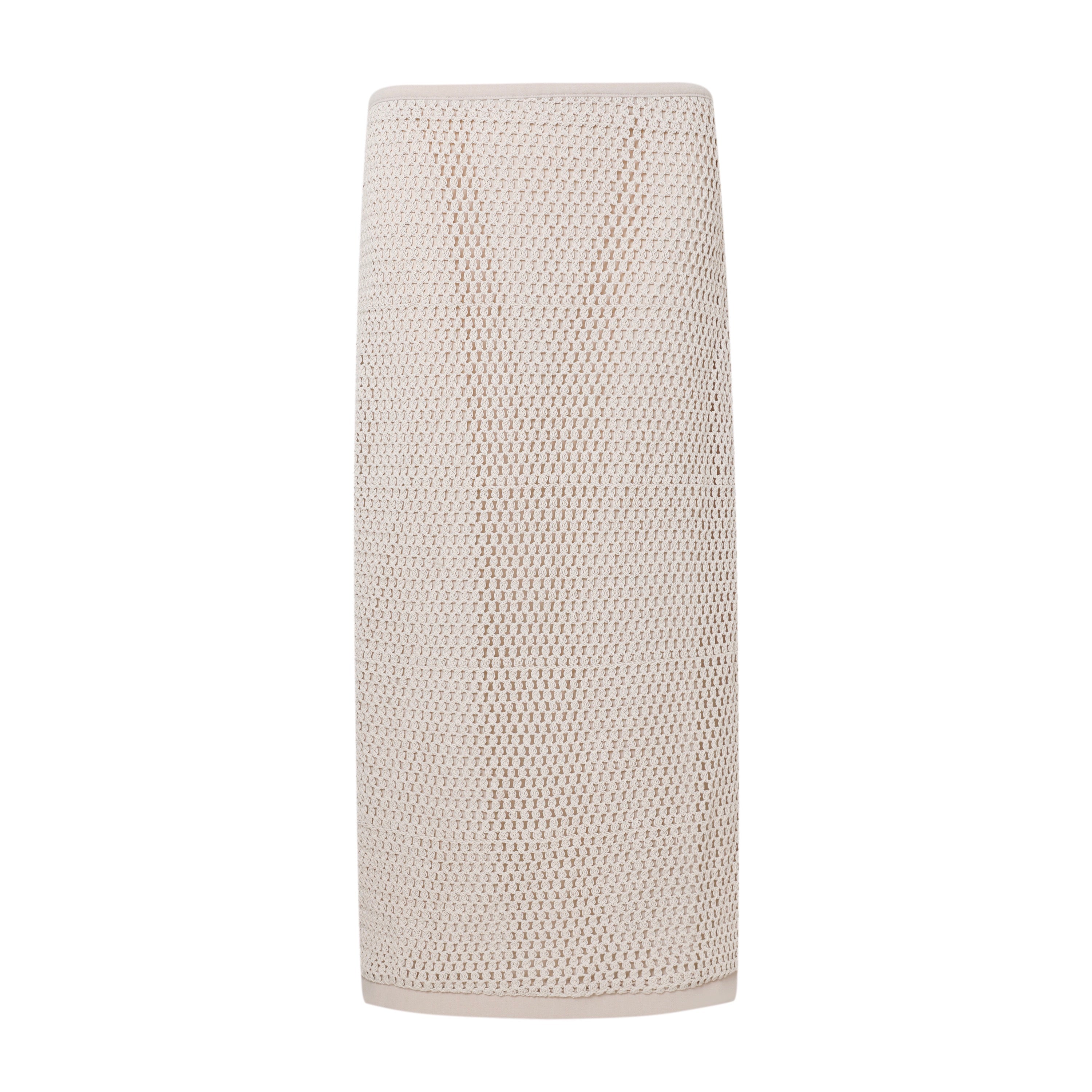 womens beige crochet midi skirt on a white background