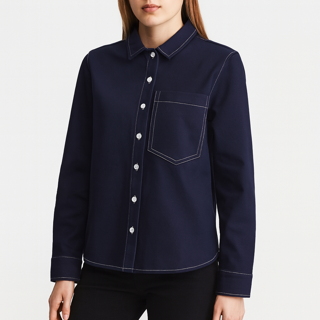 womens navy denim stitching button down