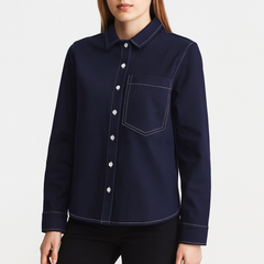womens navy denim stitching button down