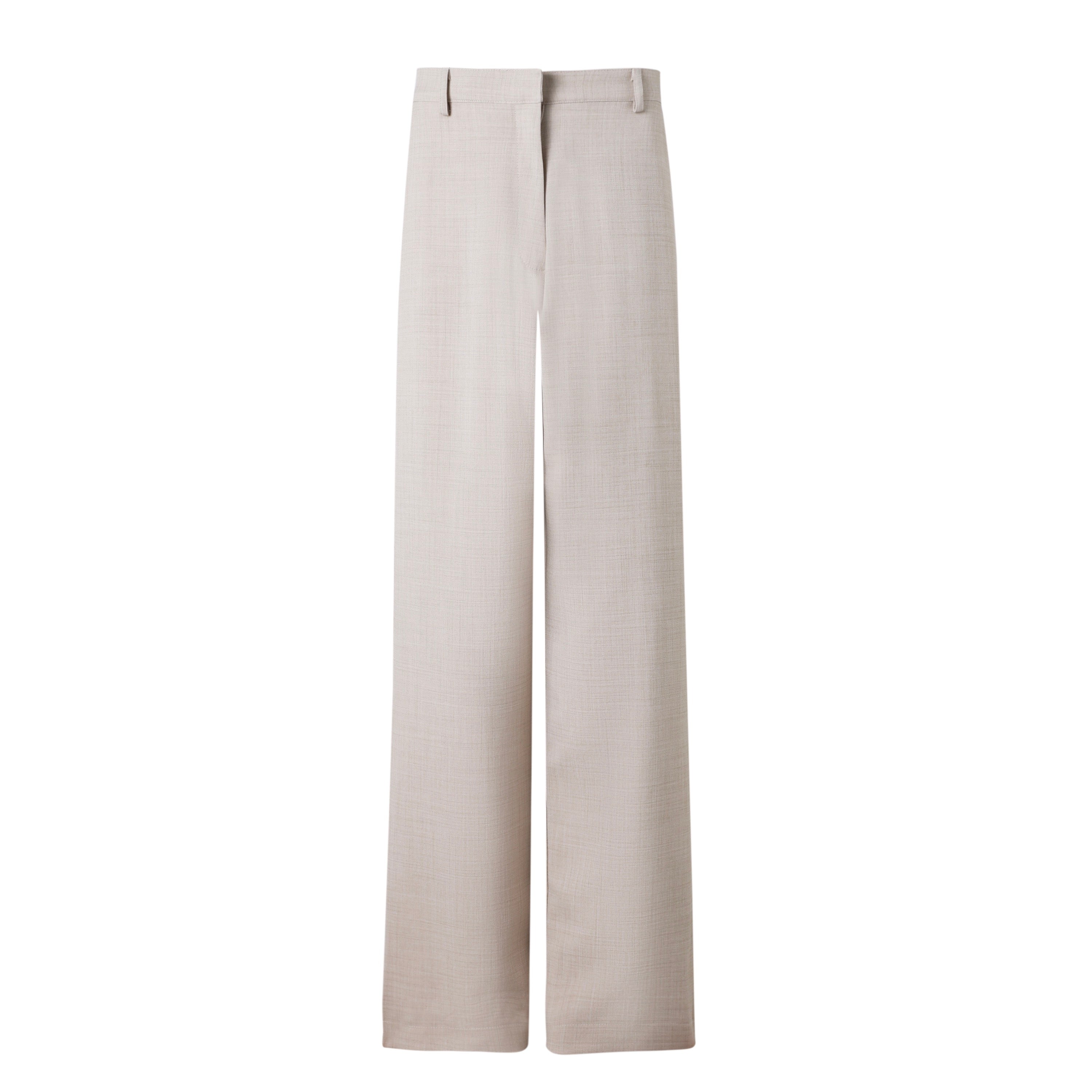 A pair of beige linen trousers with a modern fit, displayed against a plain background.