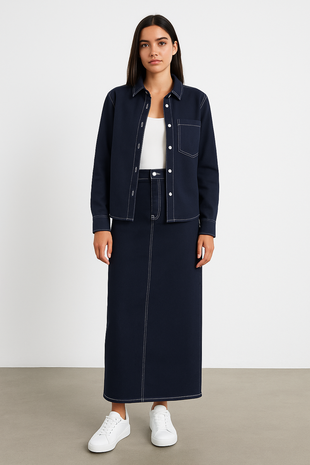 womens navy stitching maxi skirt