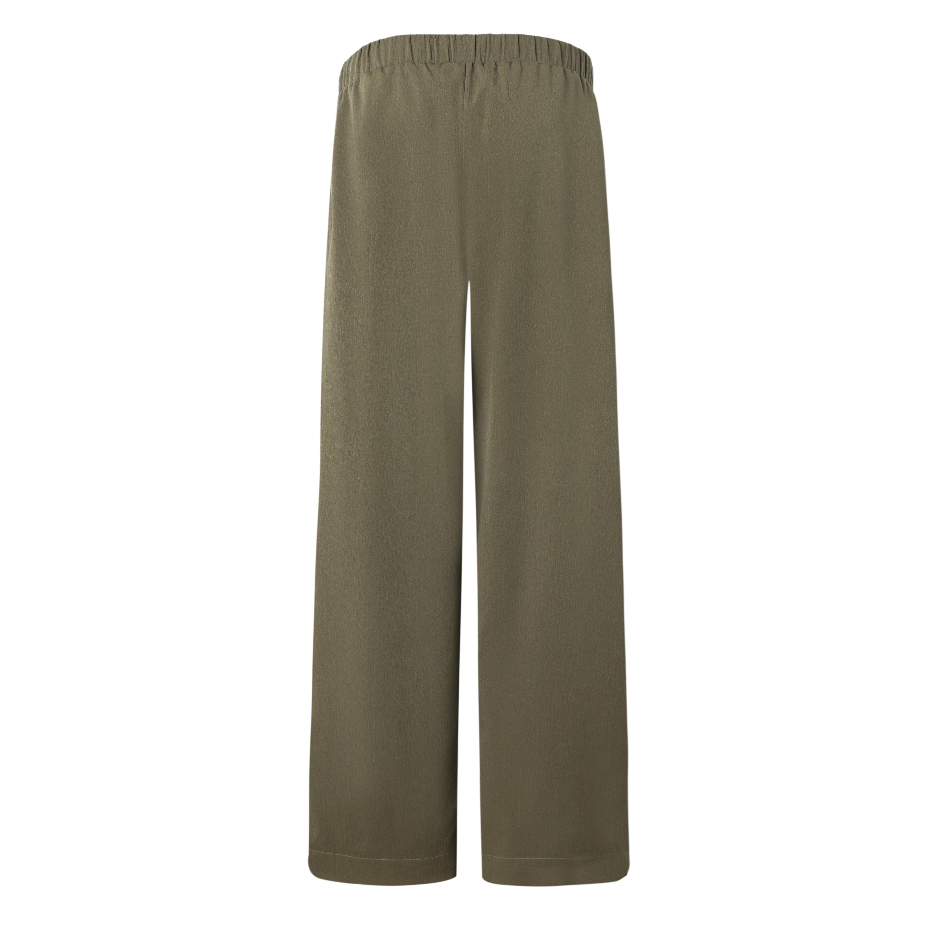 back of a pair of olive green elastic waistband pants with a drawstring, made from a textured fabric, presented against a plain background.