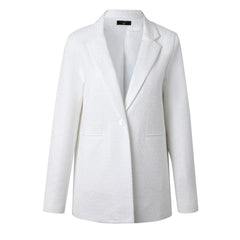 A white eyelet blazer with long sleeves, tailored fit, and a collar.