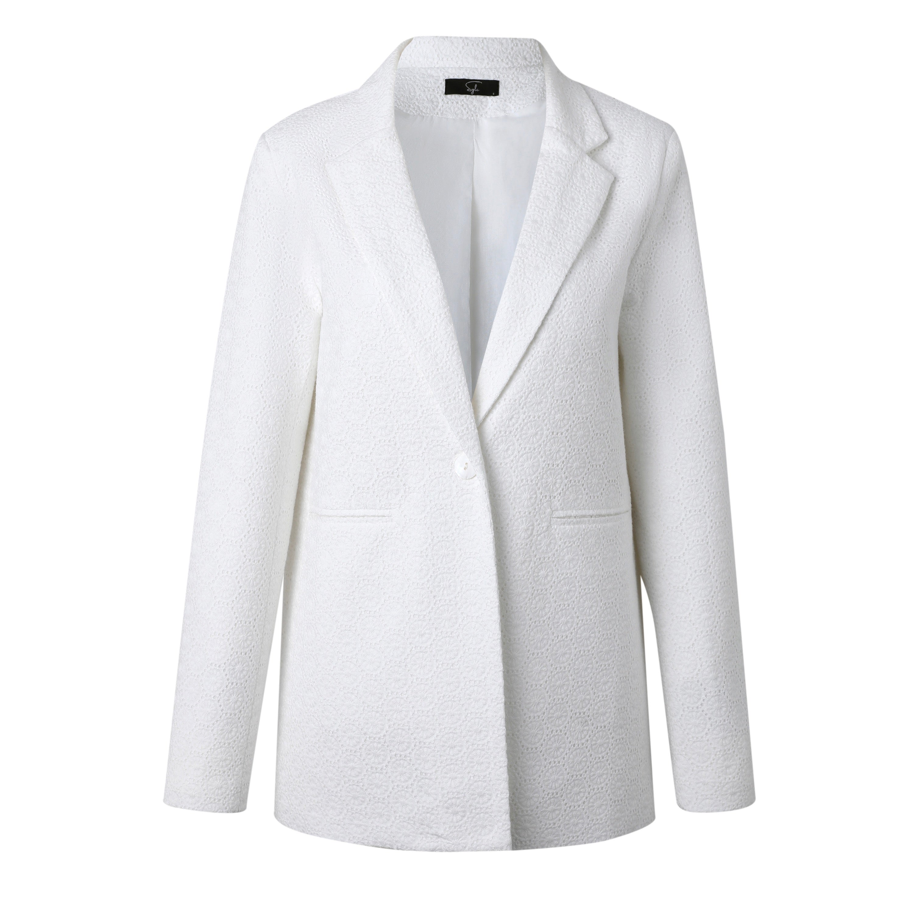 A white eyelet blazer with long sleeves, tailored fit, and a collar.