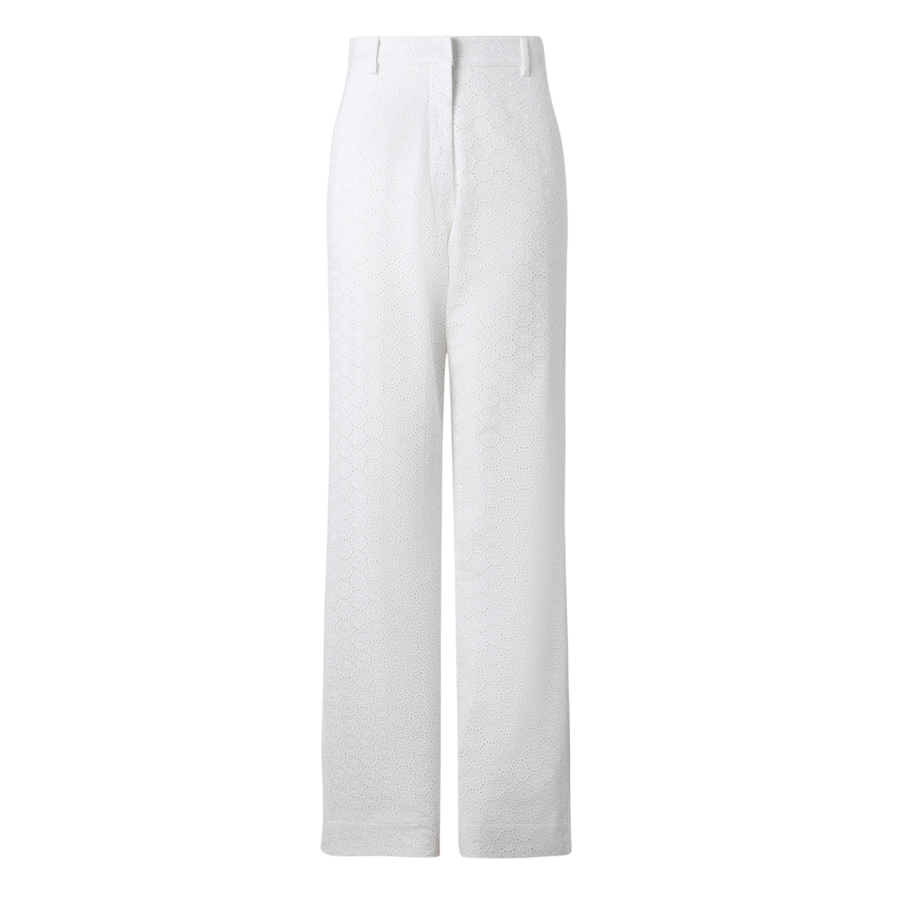 women's white eyelet trousers on a white background