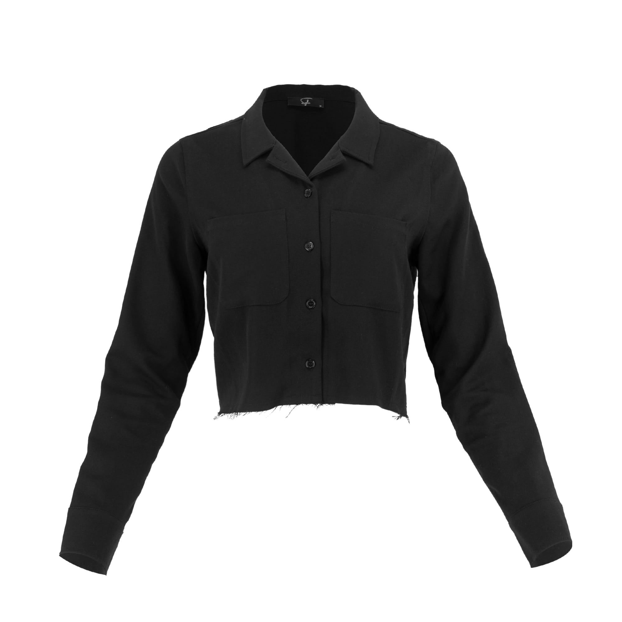 Sylc Designs Womens Black Cropped Cotton Button Down