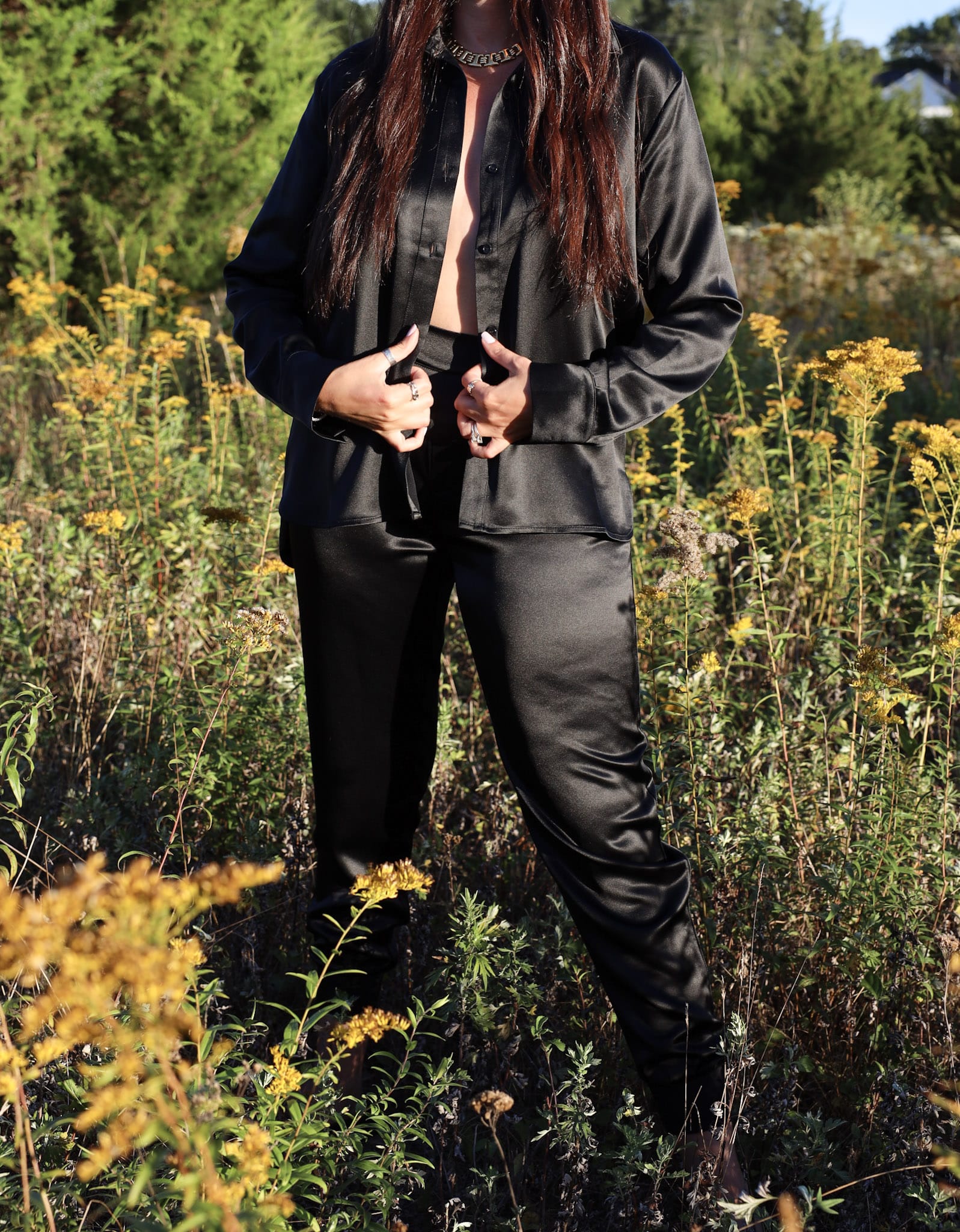 Sylc Designs Womens Black Satin Button Down