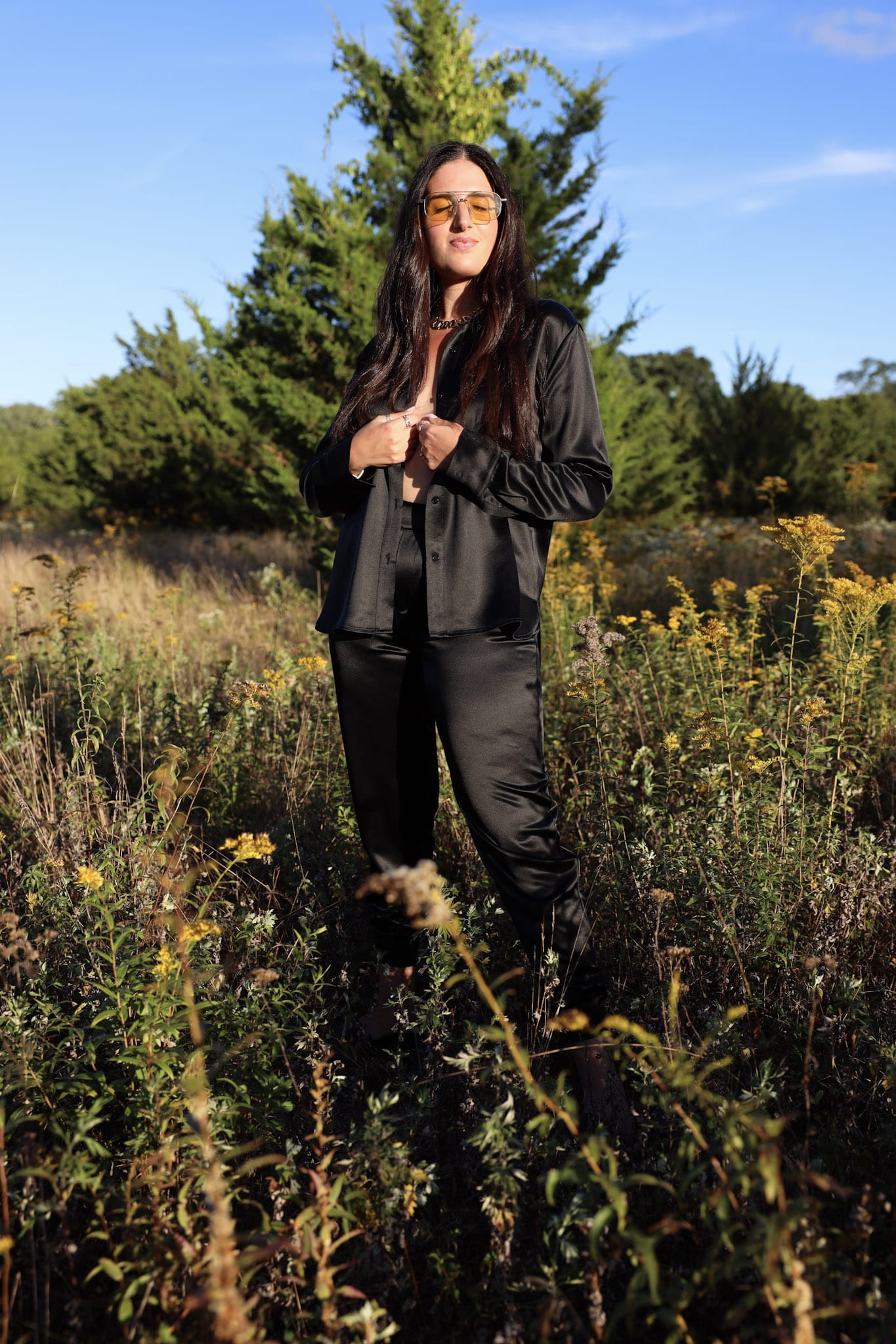 Sylc Designs Womens Black Satin Button Down
