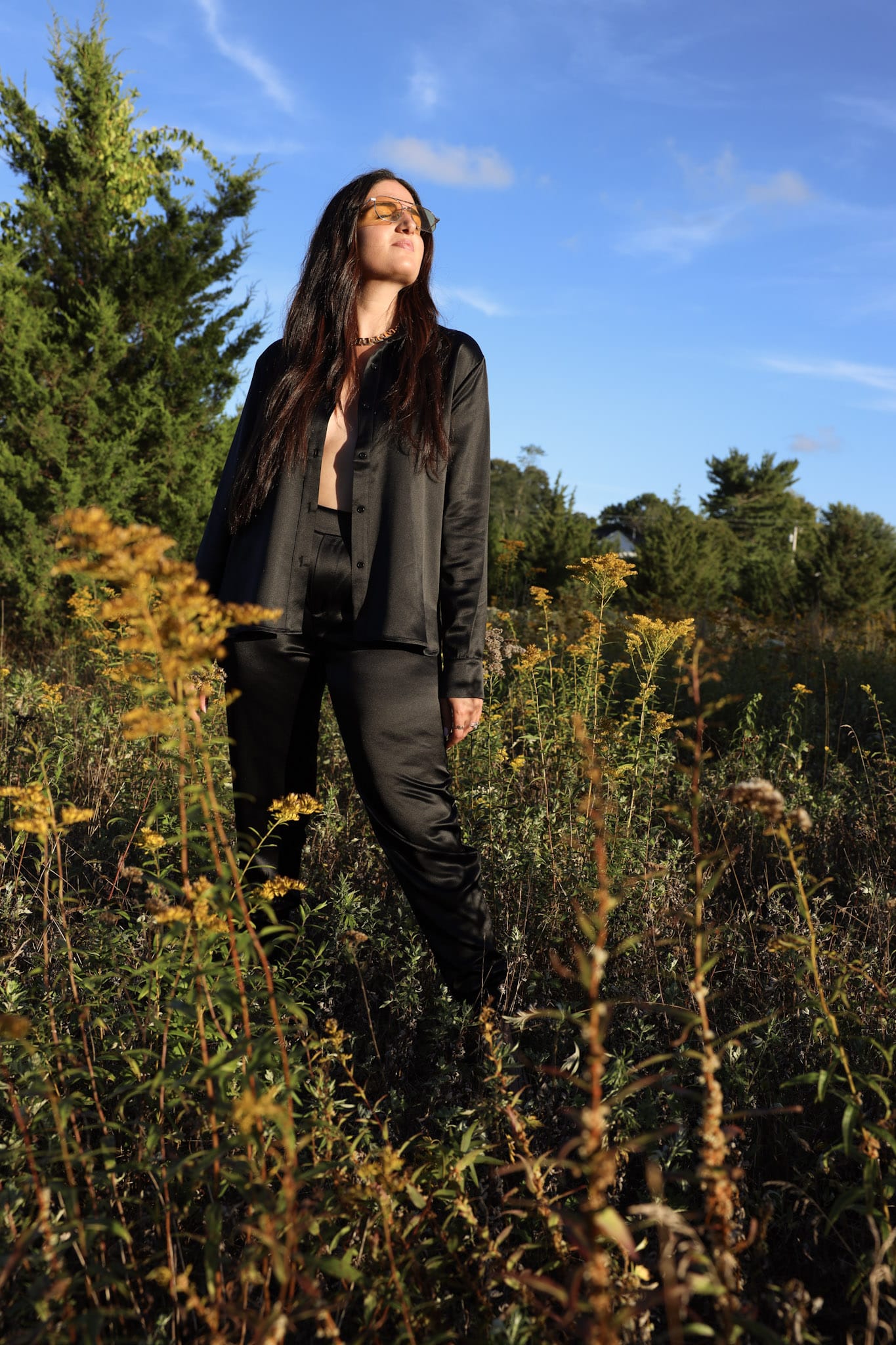 Sylc Designs Womens Black Satin Button Down