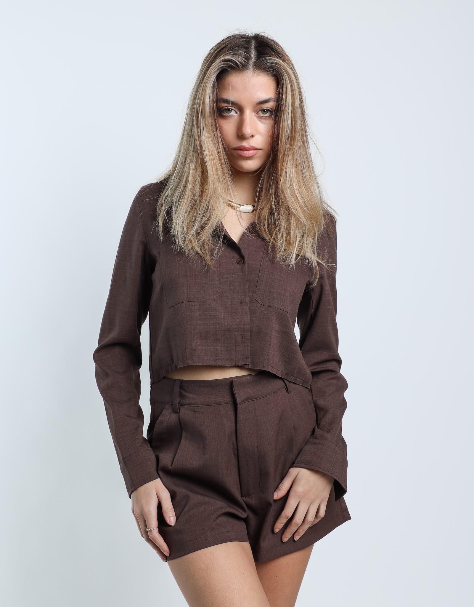 Sylc Designs Womens Brown Cropped Cotton Linen Button Down
