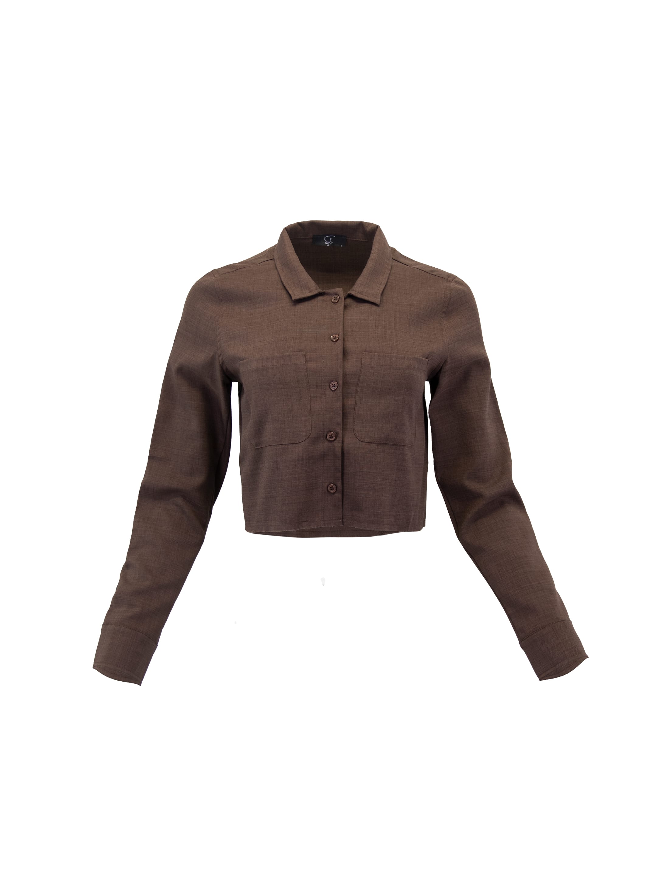 Sylc Designs Womens Brown Cropped Cotton Linen Button Down