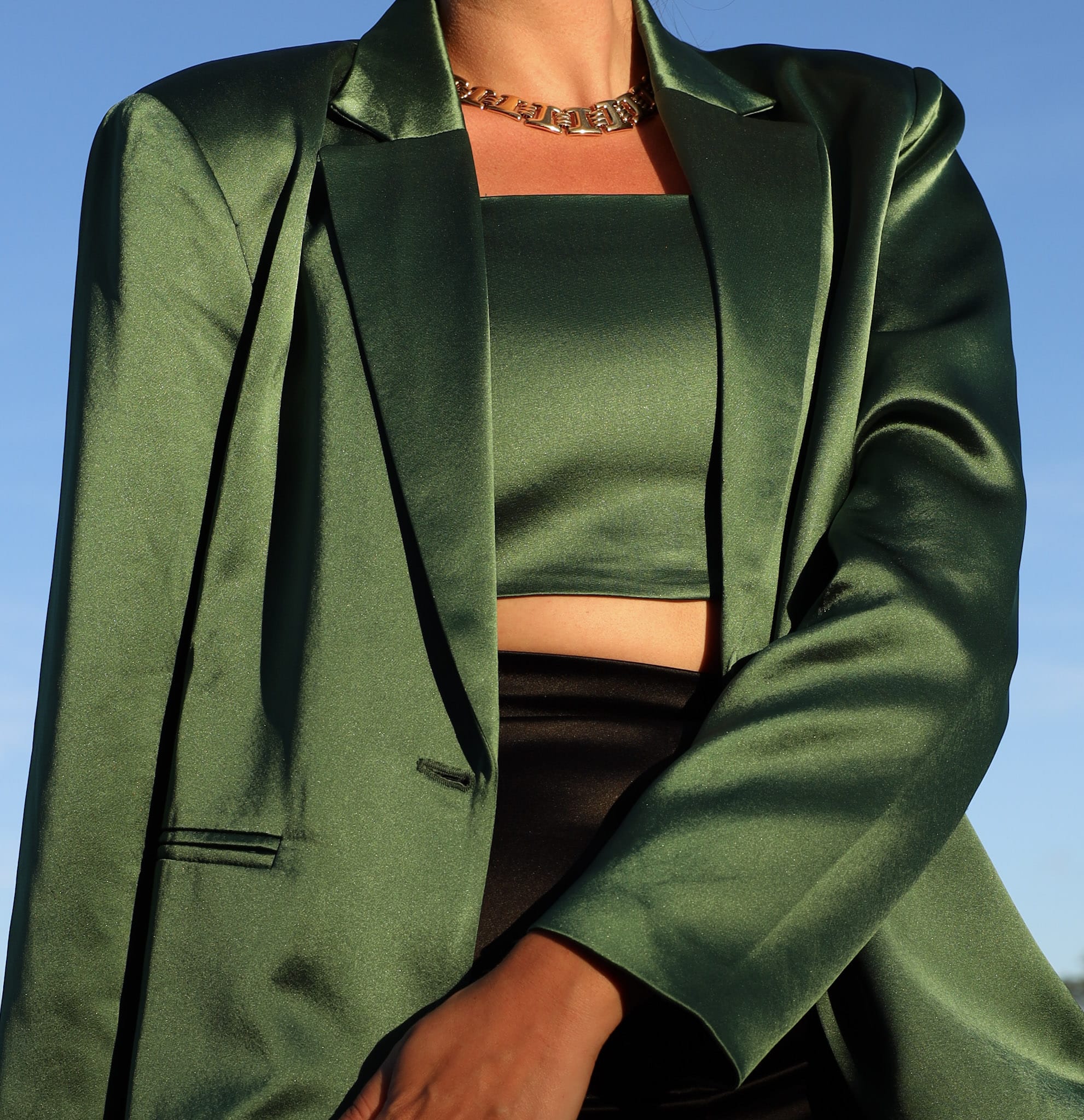 Sylc Designs Womens Green Satin Cropped Top