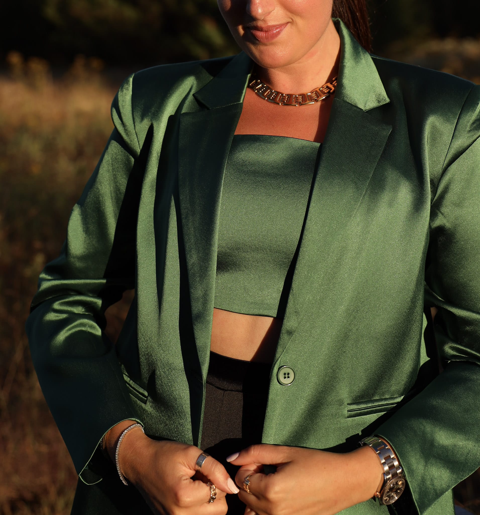Sylc Designs Womens Green Satin Cropped Top