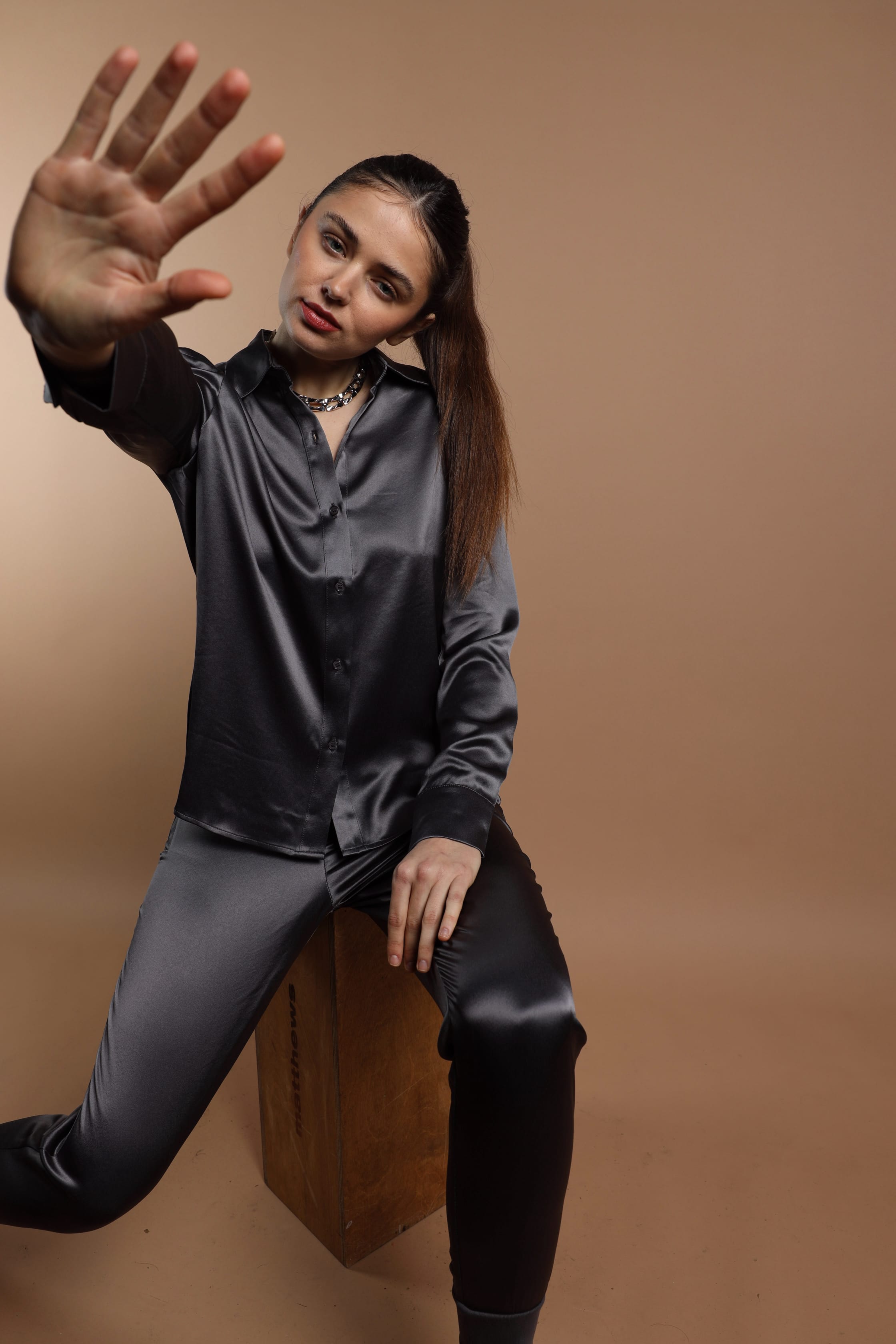 Sylc Designs Womens Gunmetal Satin Joggers