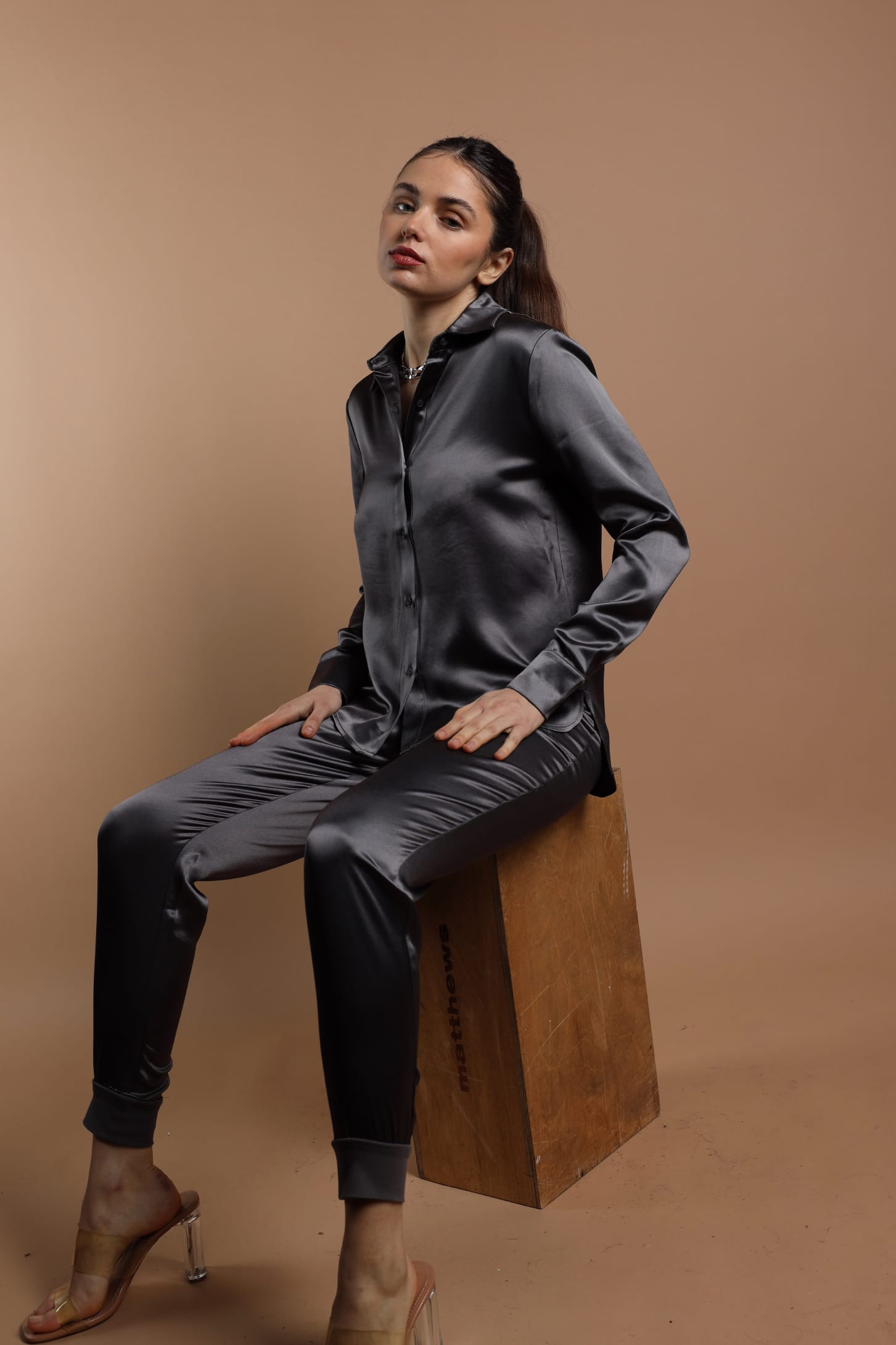 Sylc Designs Womens Gunmetal Satin Joggers
