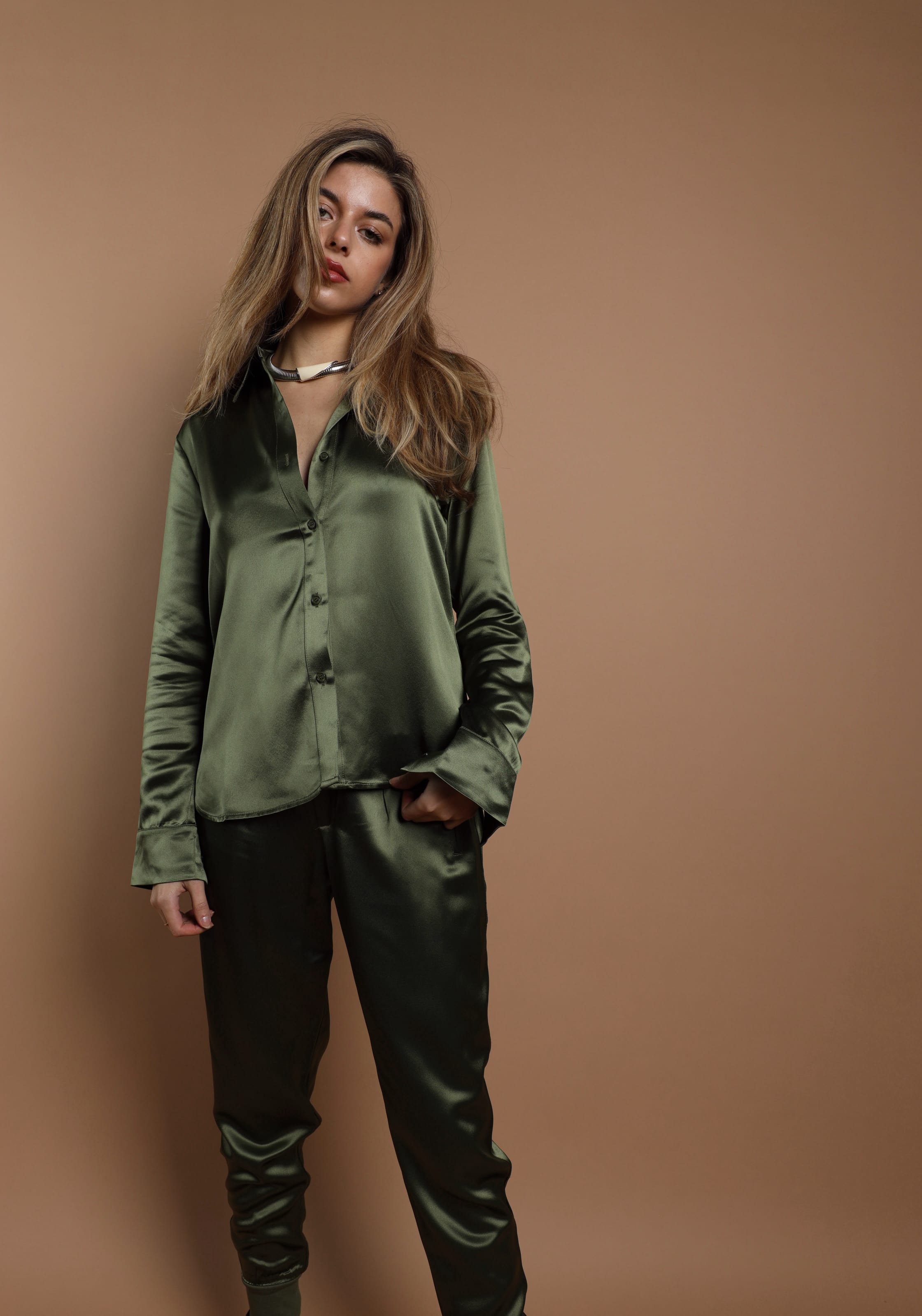 Sylc Designs Womens Olive Satin Joggers