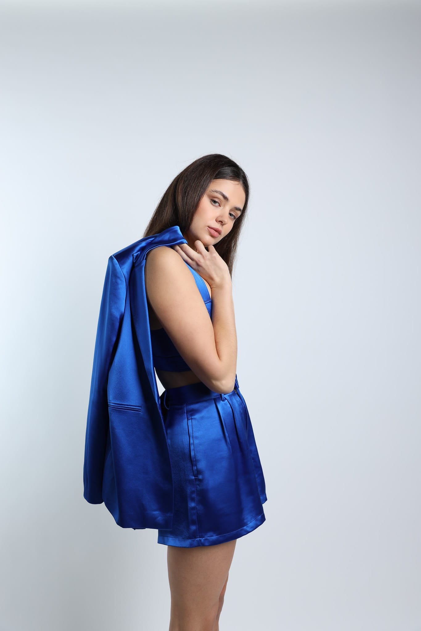 Sylc Designs Womens Royal Blue Satin Blazer