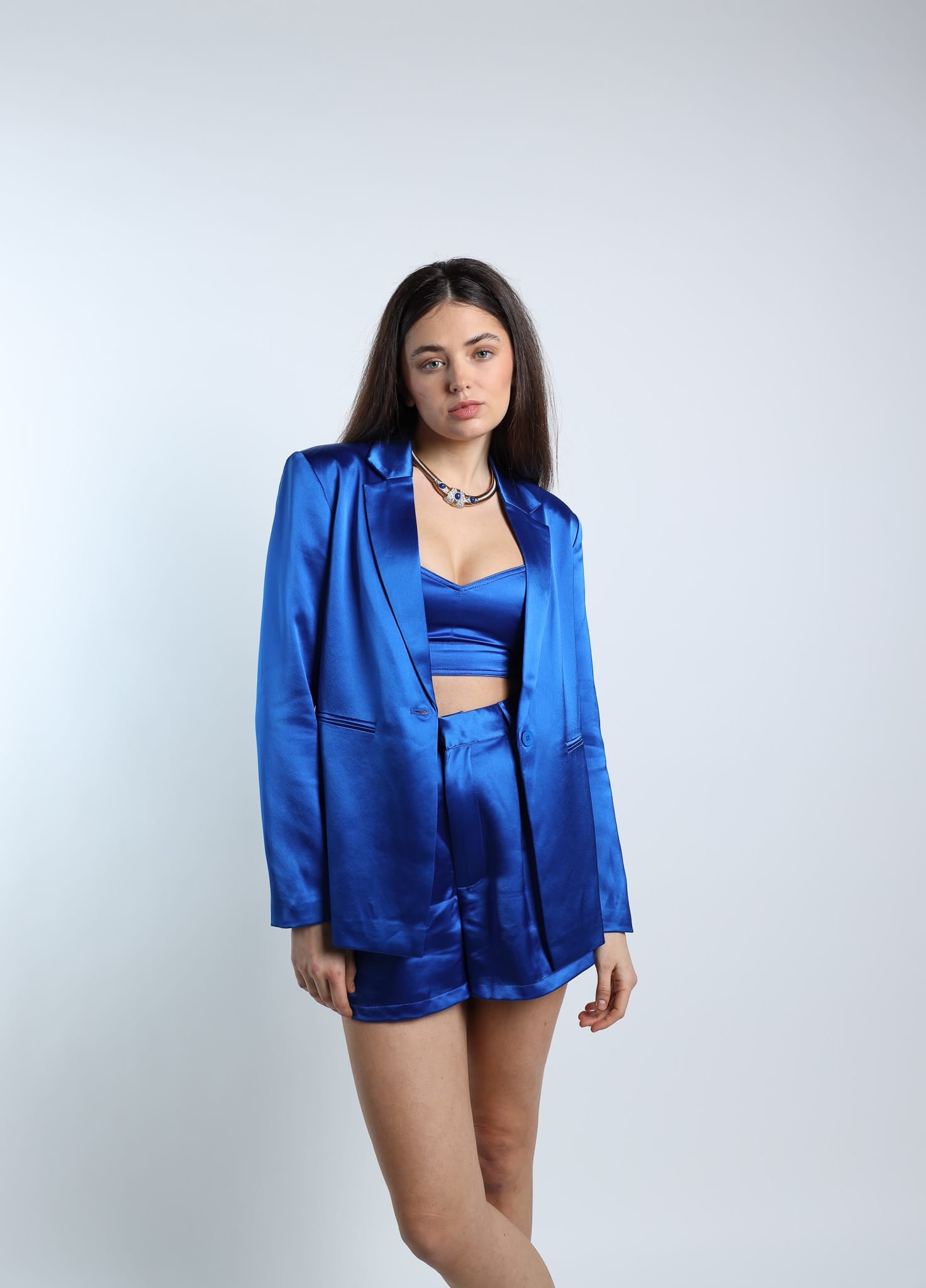 Sylc Designs Womens Royal Blue Satin Blazer