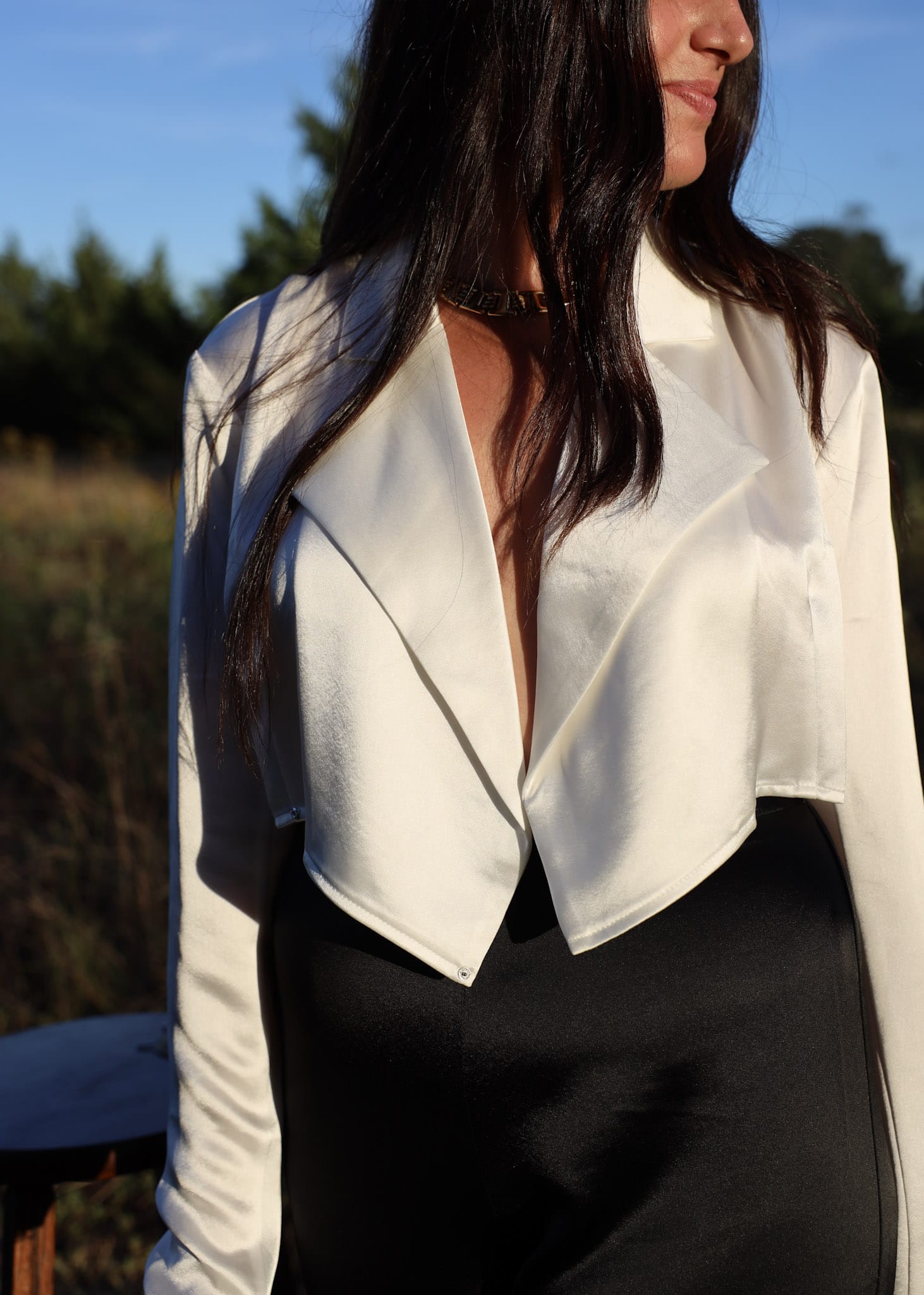 Sylc Designs Womens White Satin Cropped Blouzer